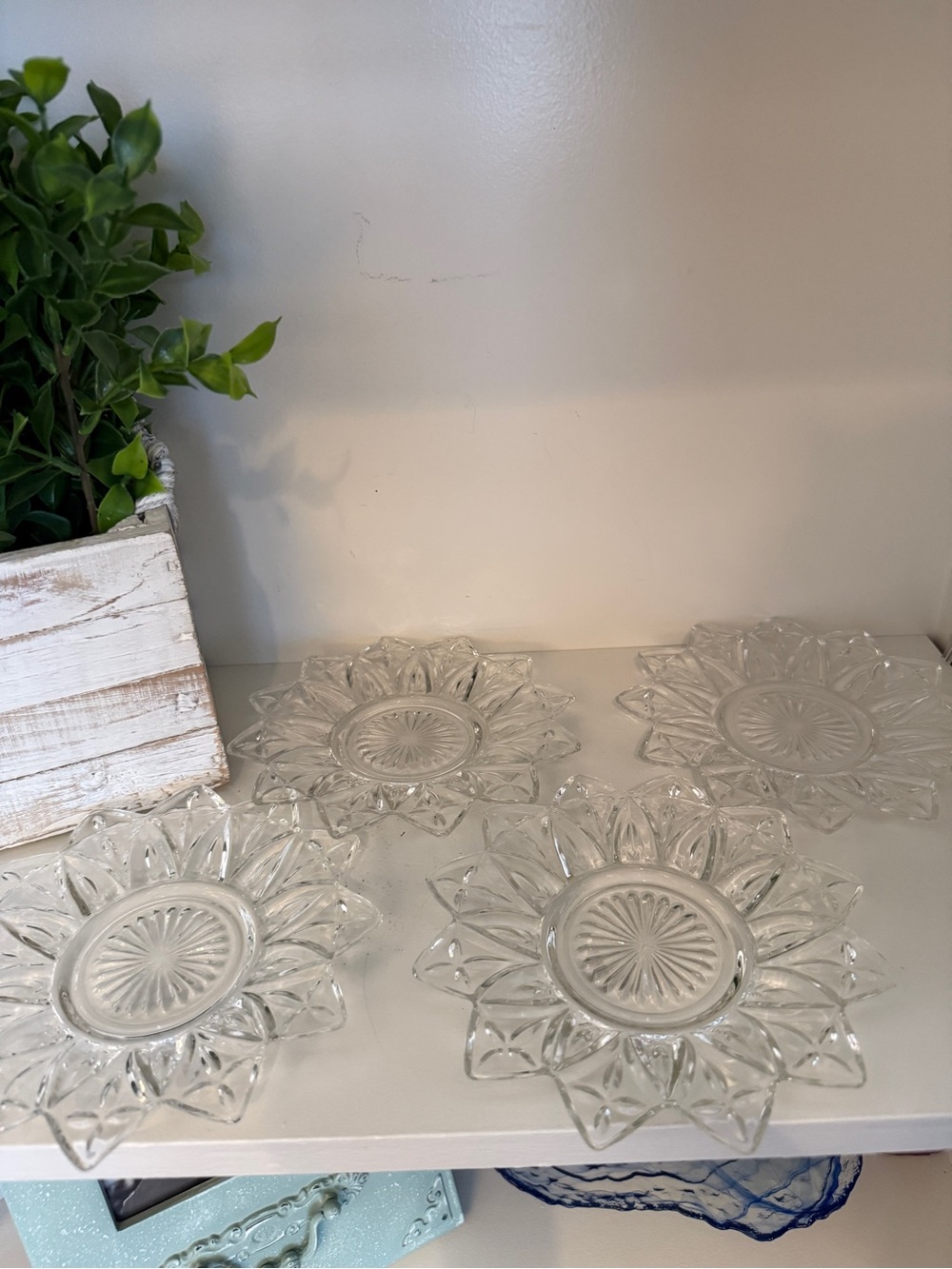 Vintage Clear Glass Flower Trinket Dishes Candle Holders Set of 4